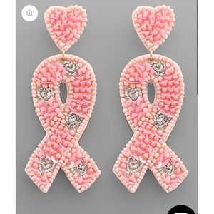 Pink Ribbon Earrings Heart Beaded Sequin Dangle Drop Breast Cancer Awareness